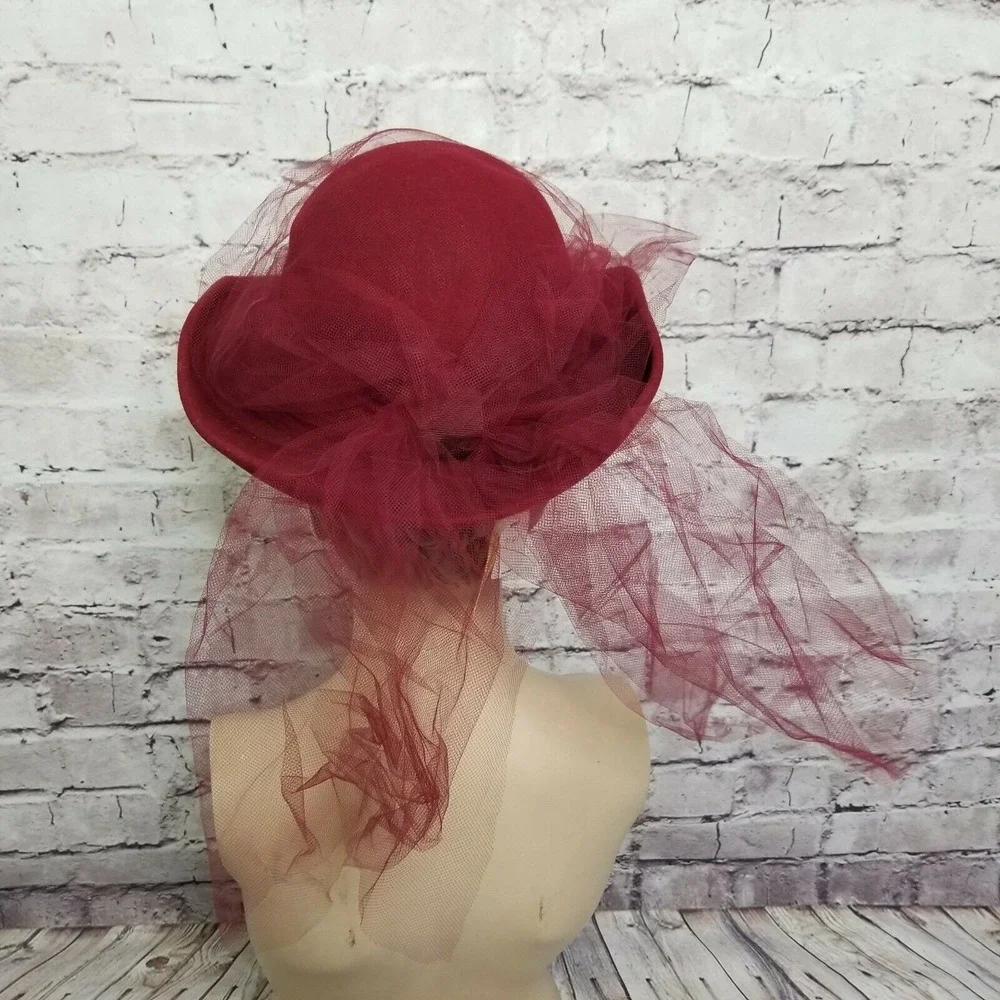 Vintage Michael Howard Maroon‎ Red Wool Hat Veil Church Derby Formal Wide Brim